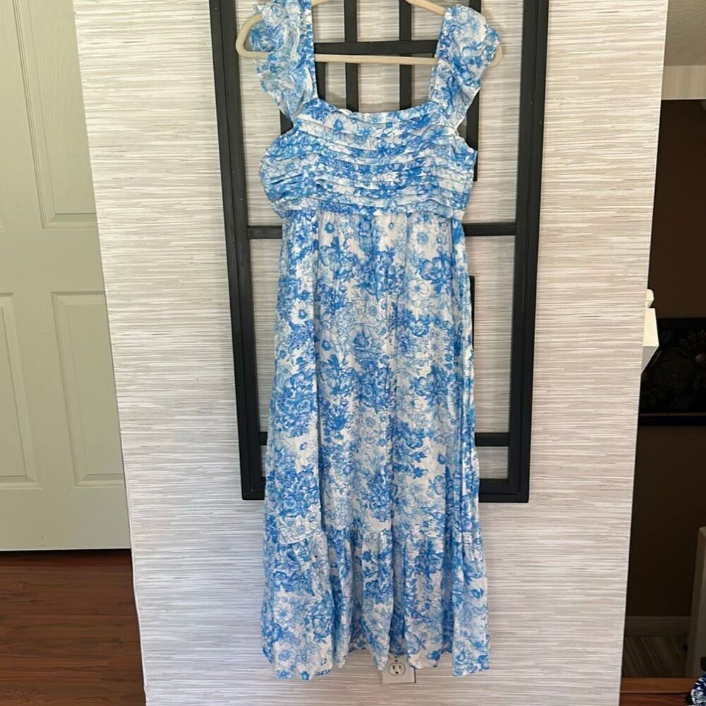 Blu Pepper blue and white floral porcelain print maxi dress with ruffle sleeve a